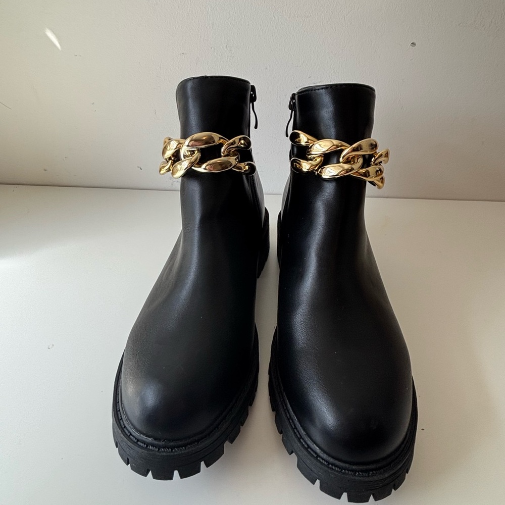 Black Leather Ankle Boots with Gold Chain